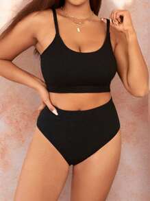 Swim Vcay Summer Beach Plus Size Solid High Waisted Bikini Set