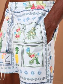 SUMWON Summer Beach Shorts Hawaiian Pineapple Print Drawstring Swim Trunks Vacation Pool Party Elastic Waist Relaxed Athletic Swimwear With Side Pockets Resort Wear - Multicolor - View 8