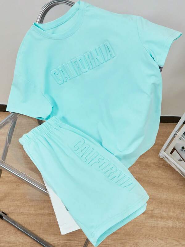 2pcs/Set Teen Boys Spring/Summer Turquoise Casual/Holiday Sporty Outfit, 3D Letter Print Short Sleeve T-Shirt And Shorts Set, Minimalist Sports Suit