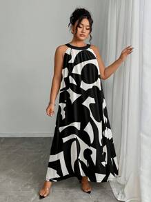 SHEIN Vestido Halter com Estampa Floral e Cor Contrastante Plus Size Feminino