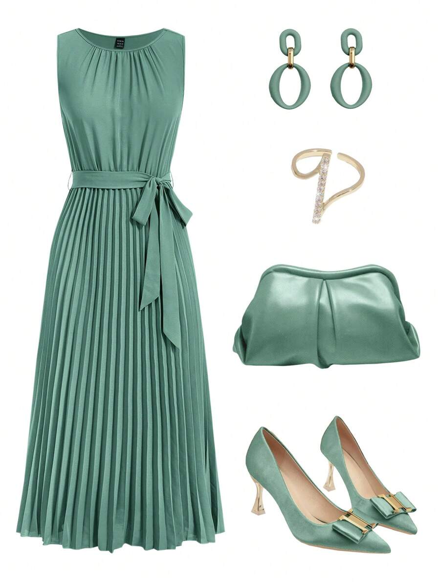 Ellevyn 女式純色無袖綠色連衣裙，褶邊擺設計 - 薄荷綠 - 查看 1