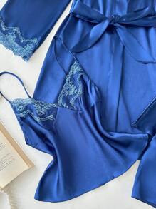 SilkySpell 4pcs/Set Embroidered V-Neck Faux Silk Slip Dress + Camisole Top & Shorts + Robe - Navy Blue - View 3