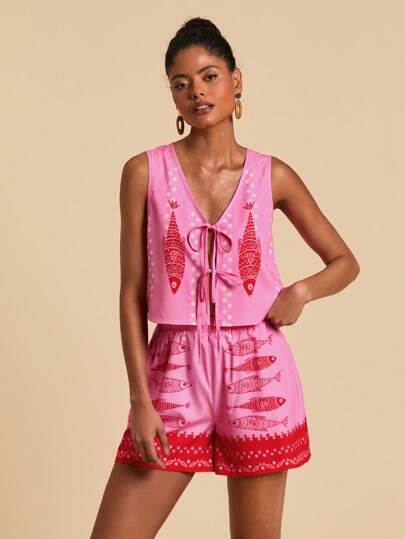 Travachic 2 件套女士梭织印花短款背心和高腰宽松短裤套装，女士夏季服装，沙滩装，春夏，复活节，节日服装，女士沙滩装，春假，女士度假服装，女士音乐会服装，波西米亚风，波西米亚风，音乐节，7 月 4 日服装，热带度假女士服装，浪漫