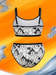 Astro Boy X SHEIN Conjunto de sujetador y calzoncillo con gráfico de letra de dibujos animados para mujer de talla grande - Blanco y Negro - Ver 6