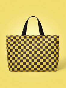 TOM & JERRY X SHEIN Checkered And Cartoon Pattern Lunch Box Bag, For Office Workers And Students