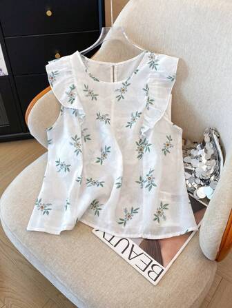 SHEIN CURVE+ 大码女式休闲假日彩色印花盖袖大码衬衫，夏季休闲上衣