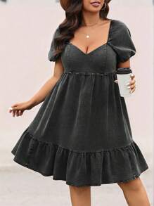 SHEIN LUNE Playful Casual Plus Size Ruffle Splice Lantern Sleeve Dress, Girlfriend Set Country Concert Outfit Graduation Outfit Summer Outfits For Women Brunch Outfits For Women Mother's Day Church Outfits Women