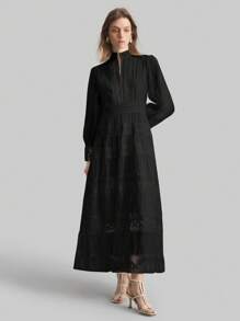 Ontre Abito lungo elegante da donna con scollo a V, maniche lunghe e contrasto di colore in pizzo