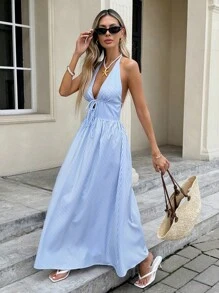 Serisse Váy yếm kẻ sọc xanh trắng mùa hè mới dành cho nữ, phong cách ngày lễ thường ngày, váy maxi chữ A ôm eo, trang phục mùa hè thanh lịch cho nữ, váy mùa hè cho nữ, trang phục boho dự tiệc sang trọng cho nữ - Xanh và trắng - Xem 3