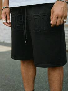 PAVTROS 男士街头风抽绳短裤，宽松简约大字体字母压花短裤 - 黑色 - 查看 7