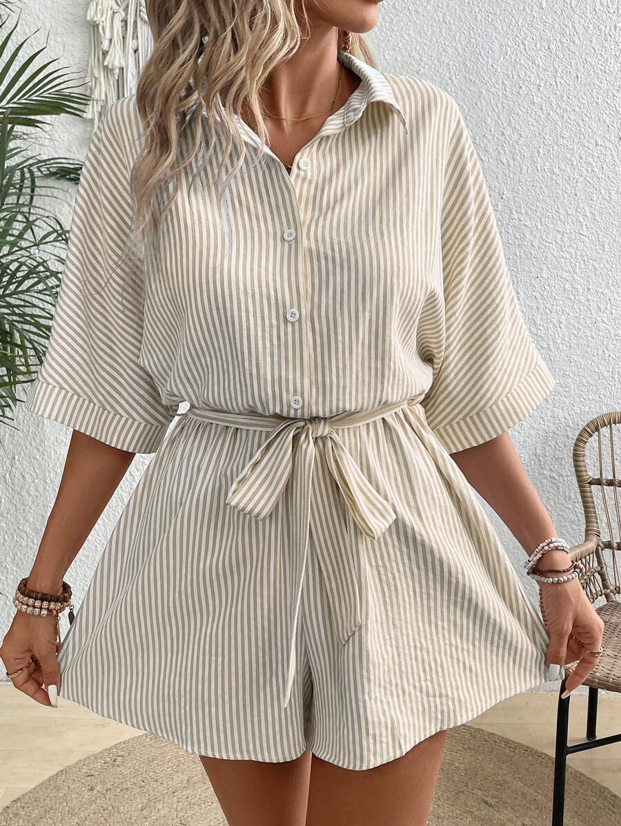 SHEIN VCAY 女士条纹连体裤，适合夏季的时尚连体衣 - 卡其色 - 查看 1