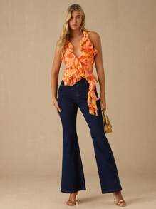 Enchnt Top casual de verano de mujer con volantes, cuello de halter y espalda descubierta con estampado total