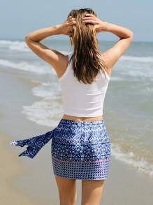 Maija Jupe mini A-line décontracté avec taille nouée pour femmes, imprimé géométrique bleu, plissée, confortable, convient pour l'été, l'usage quotidien, la plage et les vacances - Bleu azur - Voir 4