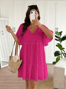 SHEIN Frenchy Plus Size Casual Vacation Textured Plaid V-Neck Loose Babydoll A-Line Dress,Summer Dresses For Women,Dresses Casual