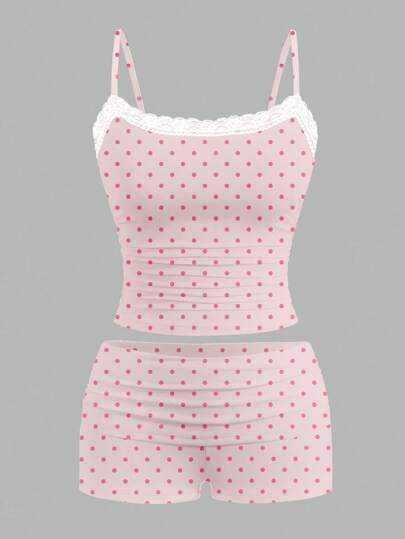 DOMINATE Y2k Women's Summer Sexy Lace Polka Dot Print Knit Camisole And Shorts 2 Pieces Set
