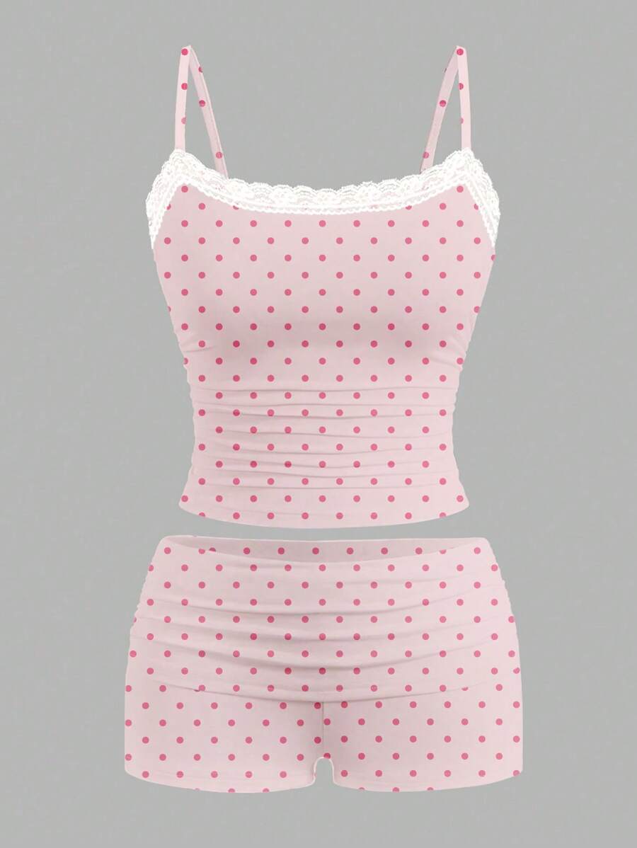 DOMINATE Y2k Women's Summer Sexy Lace Polka Dot Print Knit Camisole And Shorts 2 Pieces Set - Baby Pink - View 1