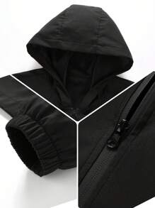 Manfinity Homme Men Plain Long Sleeve Zip Front Casual Hooded Jacket, Fall Outdoor Windbreaker - Black - View 3