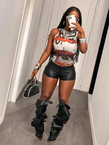 Slaydiva 2025 Summer New Style For Birthday Parties, Graduation Season, Student Wear, Daily Outings, Basic And Versatile, Leisure, Vacation, Cruise Travel, Beach, Seaside, Sunbathing, Popular Online Style, Street Style, Abstract Brushstroke Prints, Round Neck Sleeveless Tight-Fitting Short Summer Top, Women's Top - Multicolor - View 1