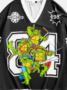 TEENAGE MUTANT NINJA TURTLES | SHEIN Men's Loose Knit Colorblock Casual Cartoon Graphic V-Neck Short Sleeve T-Shirt Sportswear - Black - View 4