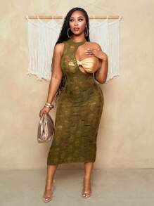 BamGleam 女士毛衣裙针织无袖墨绿色挂脖撕拉感半透长款紧身性感度假沙滩派对春夏女装 - 墨綠色 - 查看 1