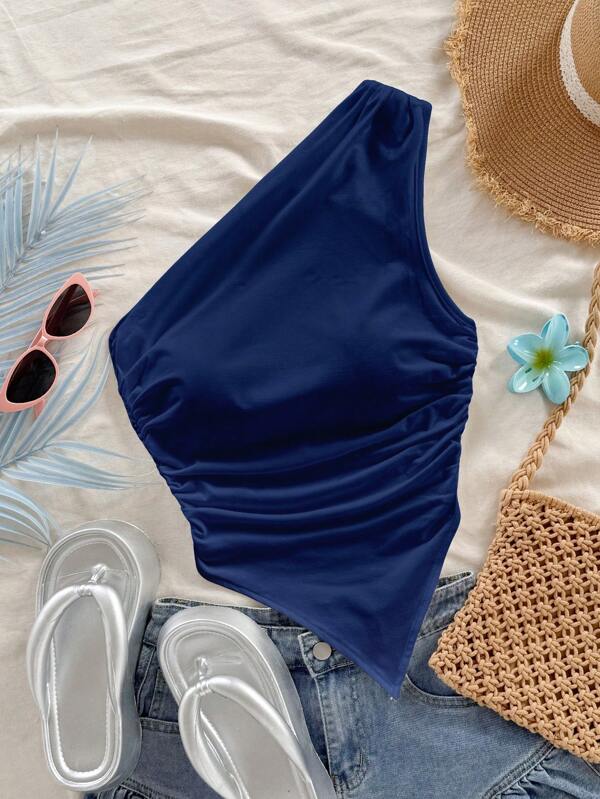 Soleia Top asimétrico de cuello asimétrico, estilo náutico minimalista y casual, en azul marino, apropiado para vacaciones de verano