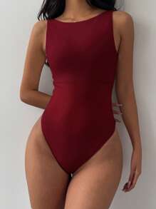 SHEIN BASICS 女款休閒素色露背連身衣夏季女裝套裝 - 酒紅色 - 查看 3