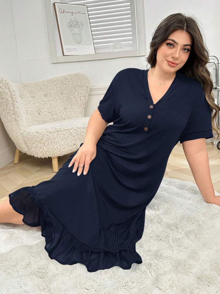 Plus Size Women Solid Color Lace Trim Ribbed Knit Nightgown - Navy Blue - View 4