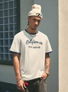 AXEPEAK Men Round Neck Contrast Trim Letter Printed Short Sleeve T-Shirt For Summer Casual, Back To School, Boyfriend Gift, For Going Out, Streetwear - Multicolor - View 1