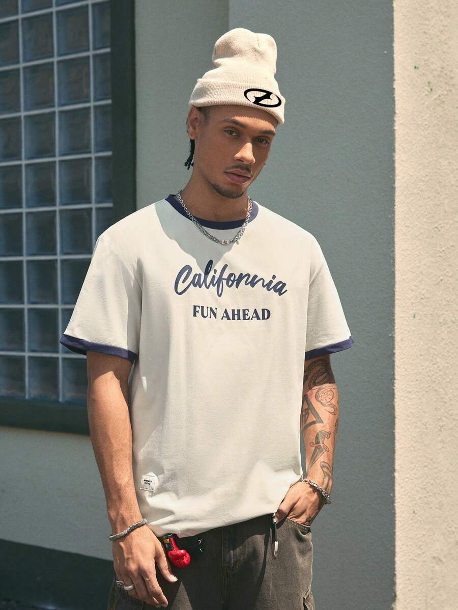 AXEPEAK Men Round Neck Contrast Trim Letter Printed Short Sleeve T-Shirt For Summer Casual, Back To School, Boyfriend Gift, For Going Out, Streetwear - Multicolor - View 1