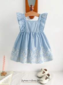 Cozy Pixies Baby Girl Floral Print Square Neck Ruffle Trim A-Line Dress - Blue - View 4