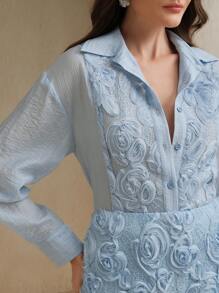 Anewsta Set 2 buc bluză și fustă midi elegante în stil francez, model jacquard texturat în relief, pentru naveta la birou - Albastru - Vizualizare 2