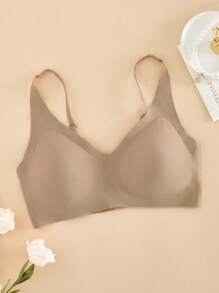 1pc Seamless Women's Wireless Comfort Bra, Solid Color - Mocha Brown - View 3