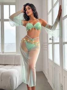 SHEIN 5 件套异国风情性感女士内衣套装 - 无钢圈文胸、丁字裤、迷你裙、袖套，适合外出穿着 - 綠色 - 查看 1