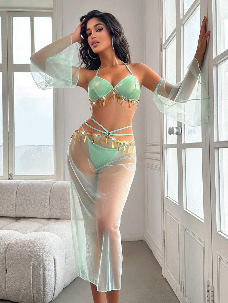 SHEIN 5 件套异国风情性感女士内衣套装 - 无钢圈文胸、丁字裤、迷你裙、袖套，适合外出穿着 - 綠色 - 查看 1