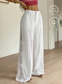 Lyxana 2025 New Style Hollow Side Design Relaxed Fit Straight Leg Pants - White - View 1