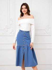 Sparklyn Teen Girl Personalized Street Fashion Style Front Button Elastic Waist Front Split Denim Skirt