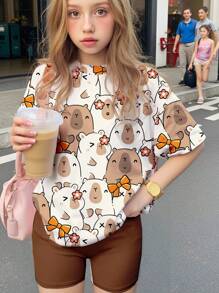 SHEIN Leap Crew 2 件套可爱水豚蝴蝶结和花卉印花休闲宽松短袖 T 恤和紧身裤套装，适合青少年和夏季