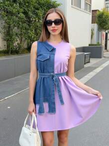 少女棉质无袖牛仔拼布休闲连衣裙 - 紫色 - 查看 1