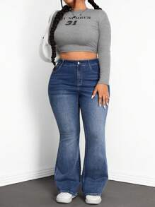SHEIN CURVE+ Jeans a campana casual lavati tagliati per taglie comode