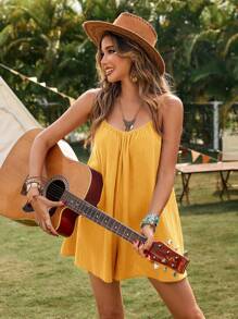 SHEIN VCAY 女士纯色梭织宽松连体裤，适合春夏季度假，度假风格，女士休闲夏季度假服装，波西米亚海滩度假服装，波西米亚风情，节日服装，女士海滩服装，女士夏季服装，毕业服装，海滩必备品，奶油黄色连体裤 - 黃色 - 查看 5