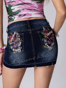 ROMWE J-Fashion Y2K 复古水洗低腰花卉图案紧身牛仔半身裙 - 藍色 - 查看 4