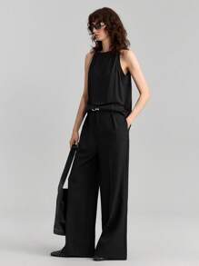 Ontre 2025 New Urban Style Black Material Twist Shoulder Design Sleeveless Top, Business Casual Women's Office Wear Low-Key Vintage High-Quality Commuter Airport Apparel High-Grade Material - Black - View 2