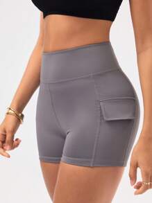 Easithlete شورتات رياضة بخصر مطاطي ذات لون واحد مع جيبين جانبيين وجيب في الخلف، شورتات لاعبي الدراجات من نسيج سبانديكس - رمادي - مشاهدة 4