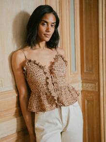 lacRébo Top camisero con textura de color marrón claro, con volantes y detalles de botones delanteros, top de salida para otoño e invierno - Multicolor - Ver 5