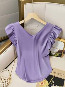 SHEIN Clasi 加大码女式紫色圆领荷叶边袖优雅派对衬衫 - 紫色 - 查看 2