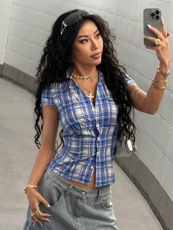StreetHx Blue Plaid Cap Sleeve Fitted Shirt For Women