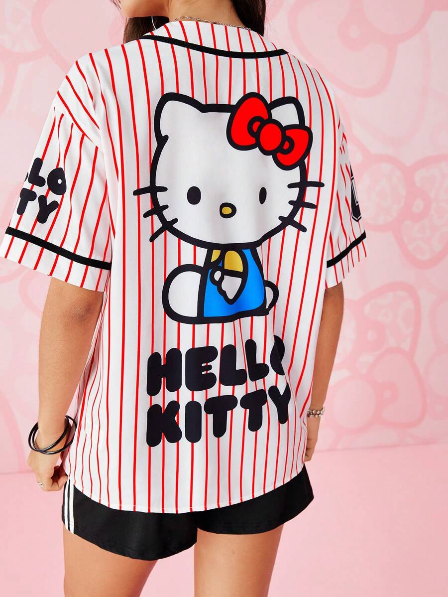 HELLO KITTY AND FRIENDS | SHEIN 1件条纹卡通图案短袖衬衫，夏季 - 紅白色 - 查看 1