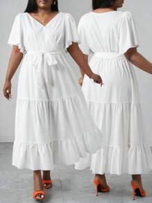 Slaydiva A 字型大码女式中长连衣裙，交叉 V 领，分层荷叶边设计，优雅白色编织休闲连衣裙，适合 2025 年春夏