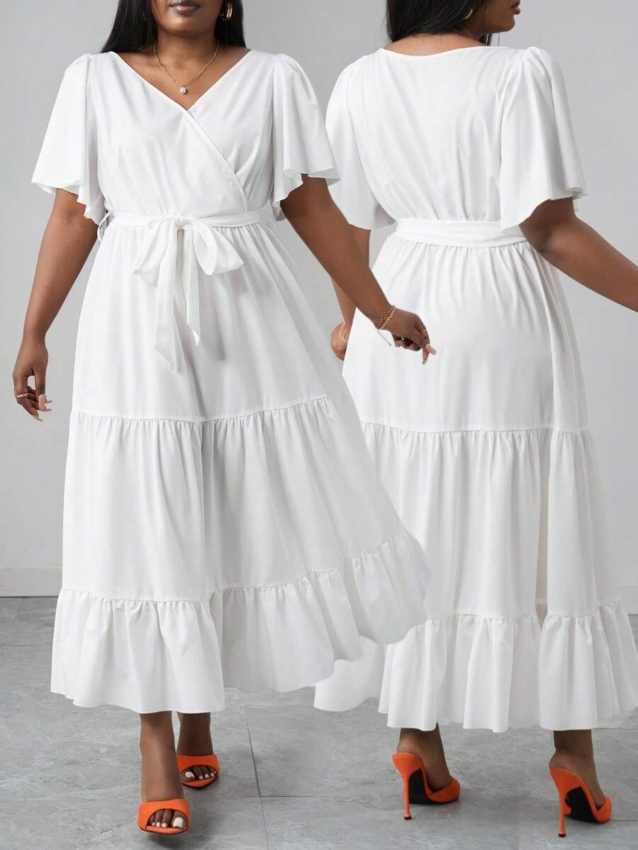 Slaydiva A 字型大码女式中长连衣裙，交叉 V 领，分层荷叶边设计，优雅白色编织休闲连衣裙，适合 2025 年春夏