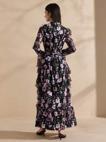 Graceveil 女式长款花卉印花荷叶边下摆后腰系带端庄优雅连衣裙 - 彩色 - 查看 2